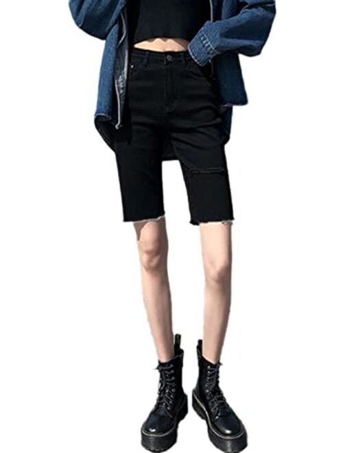 Anna Kaci Anna-Kaci Womens High Waist Ripped Hole Distressed Denim Short Jeans with Pockets