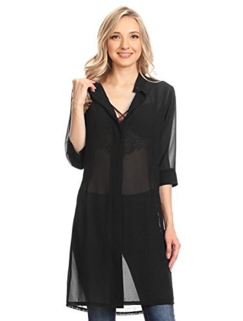 Anna Kaci Anna-Kaci Sheer Chiffon Long Tunic Blouse Button Down Dress Shirt Cover Up