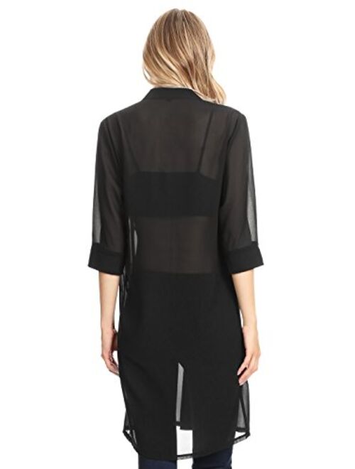 Anna Kaci Anna-Kaci Sheer Chiffon Long Tunic Blouse Button Down Dress Shirt Cover Up