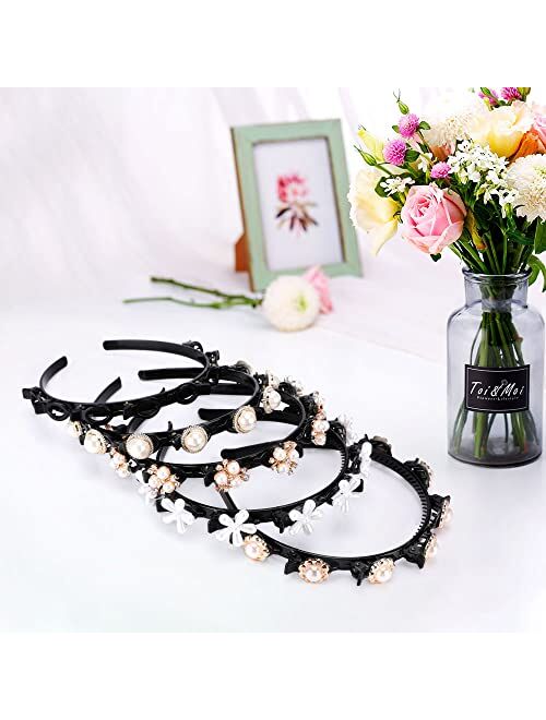 BestMal 5 Pcs Fashion Headbands for Women, Double Bangs Hairstyle Hairpin Headbands, Double Layer Twist Plait Headbands Braided Twist Hair Headbands with Clips for Women 