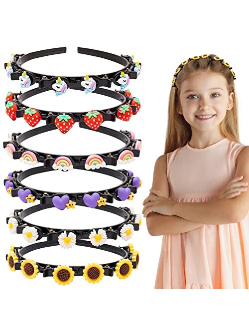 E1mity 6Pcs Double Bangs Headband with Clips Hairstyle Hairpin Headband Set Double Layer Twist Plait Hair Bands Cute Unicorn Strawberry Rainbow Heart Flower Sunflower Hai