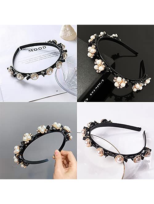 Shiqiao Spl Pearl Headbands with Clips Hairband with Clips Braided Double Bangs Hairstyle Hairpin Headband for Women Girl 2pcs