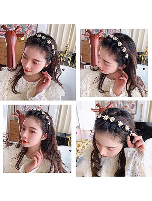 Shiqiao Spl Pearl Headbands with Clips Hairband with Clips Braided Double Bangs Hairstyle Hairpin Headband for Women Girl 2pcs