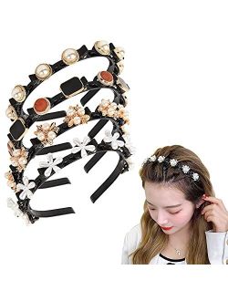 Aaiffey Beaded Hair Headbands Fashion Double Bangs Hairstyle Hairpin Vintage Headband Double Layer Twist Plait Braided Elegant Flower Clips Chic Pearl for Women Girl 4pcs