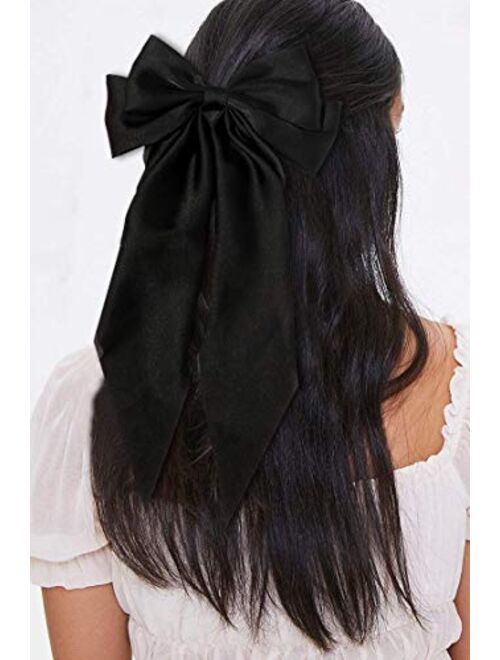 Kchies Long Bow Hair Clip Black 8 Inch Big Satin Solid Vintage Bowknot Women Girls Large Ribbon French Barrettes Styling Pearl Scrunchies Scarf VSCO Silk Stuff Ponytail H