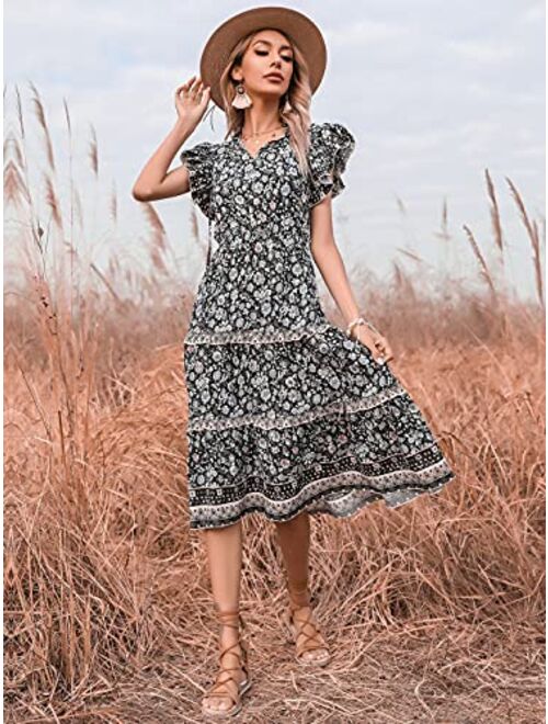 Anna Kaci Anna-Kaci Women's Boho Floral Print Flowy Maxi Dress V-Neck Flared Sleeves Elastic Waist Dresses