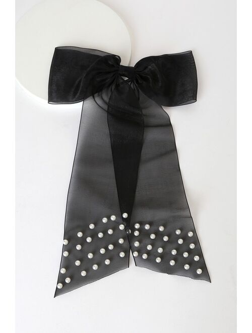 Lulus Detailed to Perfection Black Pearl Organza Bow Hair Clip