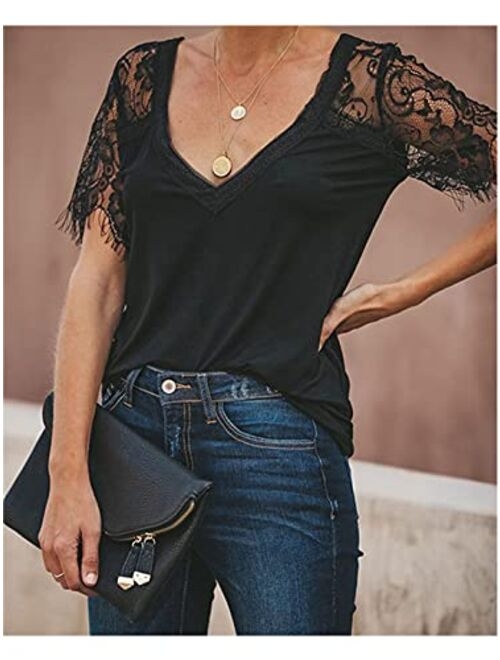 Anna Kaci Anna-Kaci Women's Lace Loose Short Sleeve T-Shirt V Neck Cotton Summer Casual Tops Tee Shirts