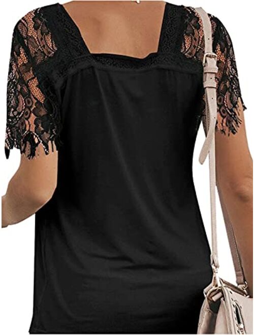 Anna Kaci Anna-Kaci Women's Lace Loose Short Sleeve T-Shirt V Neck Cotton Summer Casual Tops Tee Shirts