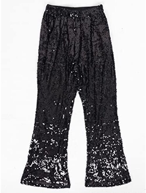 Anna Kaci Anna-Kaci Women's Elastic Waist Sparkly Sequin 70's Disco Flare Wide Leg Pants