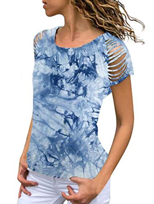 Anna Kaci Anna-Kaci Womens Tie Dye Printed Ripped Cut Out Short Sleeve Stretch Casual Tops T-Shirts