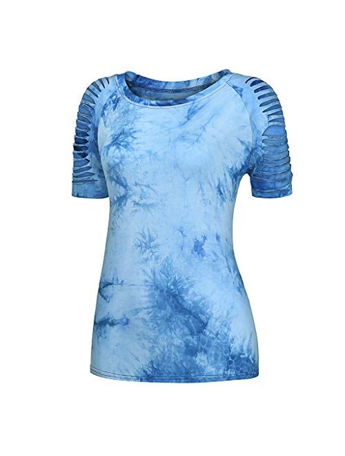 Anna Kaci Anna-Kaci Womens Tie Dye Printed Ripped Cut Out Short Sleeve Stretch Casual Tops T-Shirts