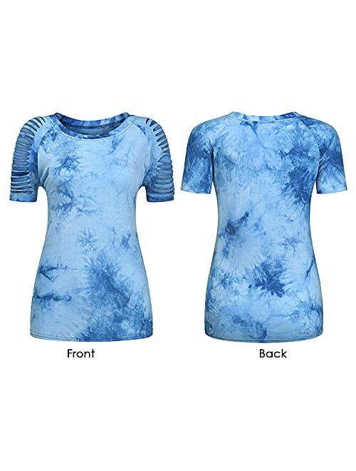 Anna Kaci Anna-Kaci Womens Tie Dye Printed Ripped Cut Out Short Sleeve Stretch Casual Tops T-Shirts