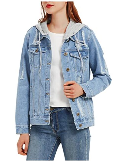 Anna Kaci Anna-Kaci Women's Casual Loose Boyfriend Ripped Distressed Detachable Hoodie Denim Jacket Jean Coats
