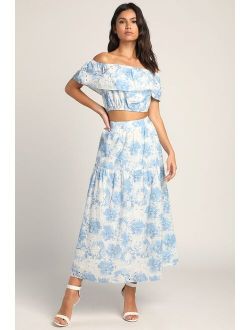 Made for Mallorca White and Blue Eyelet Tiered Maxi Skirt