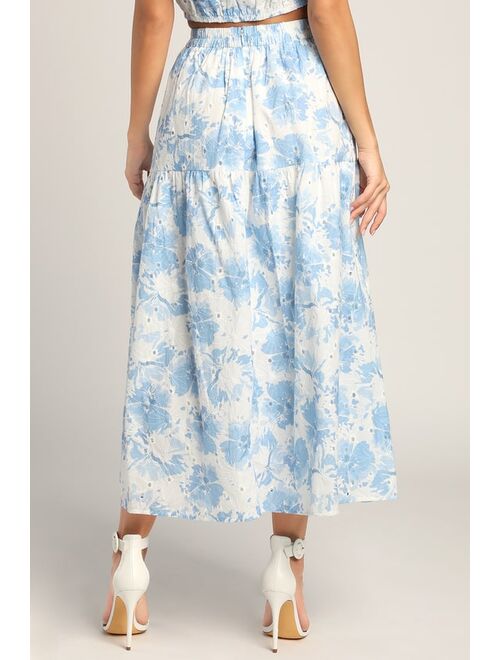 Lulus Made for Mallorca White and Blue Eyelet Tiered Maxi Skirt