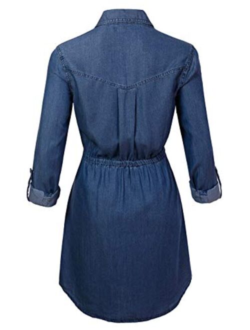 Anna Kaci Anna-Kaci Women Jean Shirt Dress Long Sleeves Waist Ties Casual Short Chambray Denim