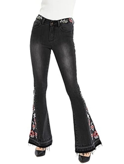 Anna-Kaci Womens Floral Daisy Embroidered Mid Rise Bell Bottom Flare Frayed Hem Jeans