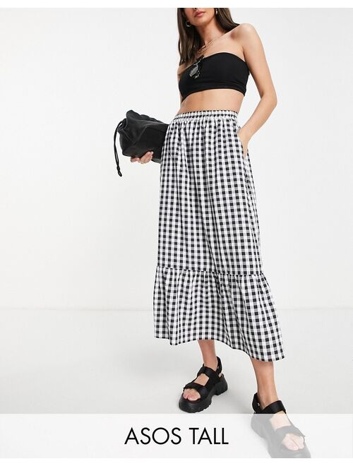 ASOS DESIGN Tall tiered midi skirt with pockets in gingham