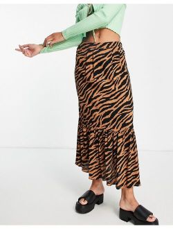 tiered zebra printed skirt in brown