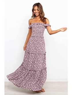 Anna-Kaci Women's Casual Off Shoulder Ruffle Dress Boho Floral Print Summer Beach Maxi Dresses