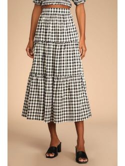Sweet Together Black and Ivory Gingham Tiered Midi Skirt