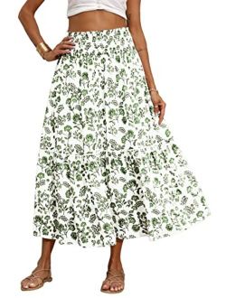 BTFBM Women Summer Floral Print Long Skirts Casual Elastic High Waist Vintage Pleated Swing A Line Maxi Beach Boho Skirt