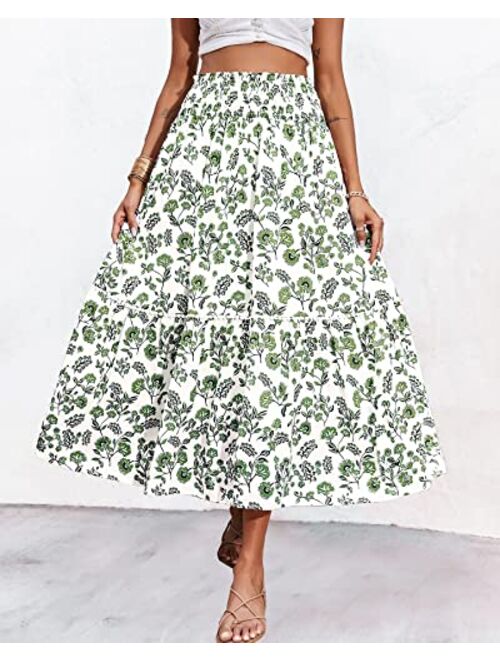 BTFBM Women Summer Floral Print Long Skirts Casual Elastic High Waist Vintage Pleated Swing A Line Maxi Beach Boho Skirt