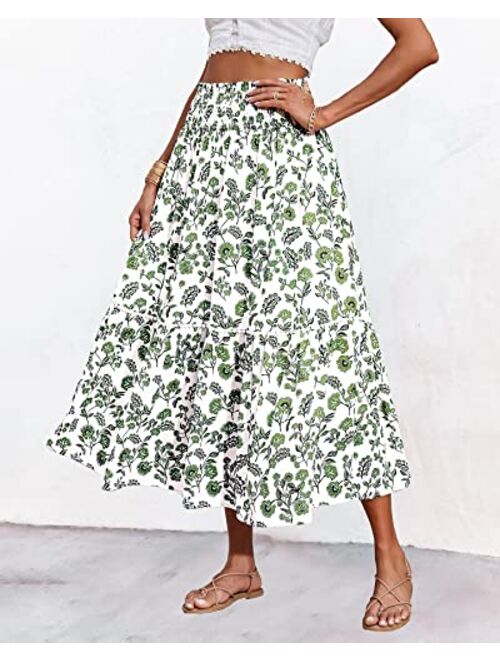 BTFBM Women Summer Floral Print Long Skirts Casual Elastic High Waist Vintage Pleated Swing A Line Maxi Beach Boho Skirt