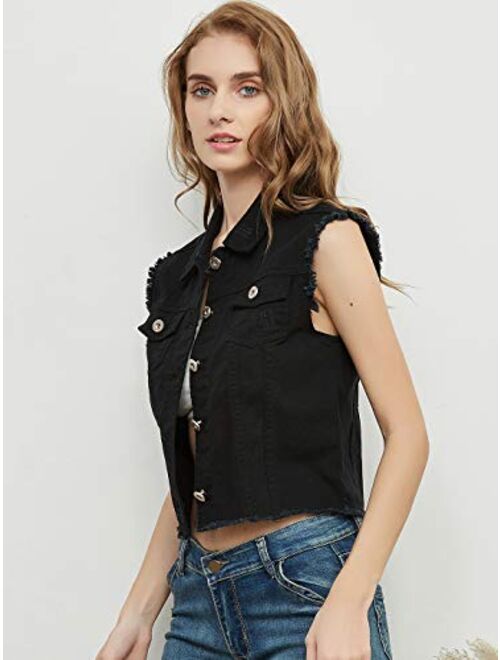 Anna Kaci Anna-Kaci Womens Juniors Cotton Denim Blue Sleeveless Crop Jacket Jean Vest