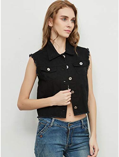 Anna Kaci Anna-Kaci Womens Juniors Cotton Denim Blue Sleeveless Crop Jacket Jean Vest