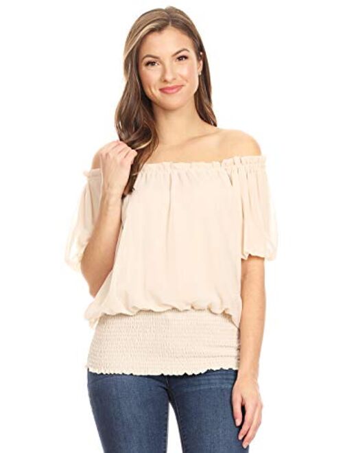 Anna Kaci Anna-Kaci Womens Peasant Blouse Off Shoulder Ruffle Shirts Boho Short Sleeve Smocked Top