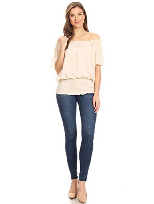 Anna Kaci Anna-Kaci Womens Peasant Blouse Off Shoulder Ruffle Shirts Boho Short Sleeve Smocked Top
