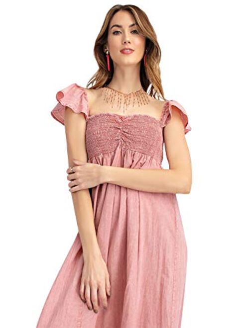 Anna Kaci Anna-Kaci Ruffled Cap Sleeve Smocked Ruche Bodice Front Slit Maxi Long Beach Vacation Dress