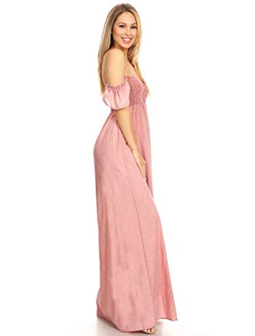 Anna Kaci Anna-Kaci Ruffled Cap Sleeve Smocked Ruche Bodice Front Slit Maxi Long Beach Vacation Dress