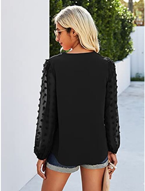 Anna Kaci Anna-Kaci Womens Chiffon Blouse V Neck Pom Pom Tops Long Sleeve Swiss Dot Shirts