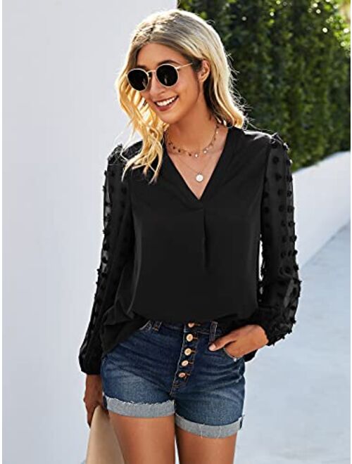 Anna Kaci Anna-Kaci Womens Chiffon Blouse V Neck Pom Pom Tops Long Sleeve Swiss Dot Shirts