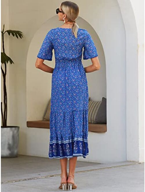 Anna Kaci Anna-Kaci Women Floral V-Neck Boho Short Sleeve Summer Belted Ruffle Maxi Dress