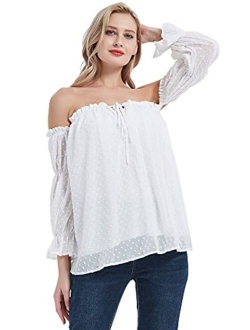 Anna-Kaci Womens Semi Sheer Boho Peasant Long Sleeve Off The Shoulder Top