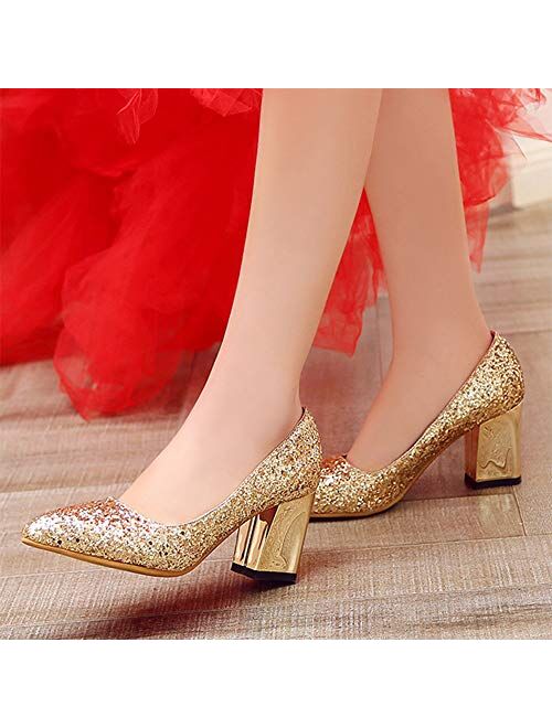 Dress First Women's Sparkling Glitter Chunky Heel Closed Toe Pumps Comfortable Mid Block Heel Slip-on Classic Party Dress Shoes