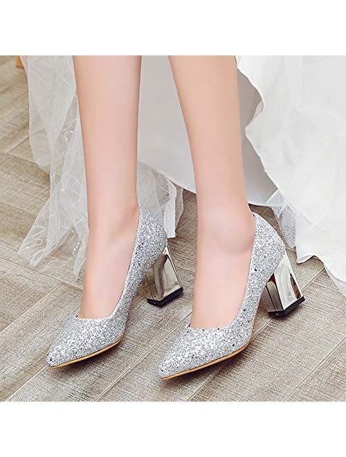 Dress First Women's Sparkling Glitter Chunky Heel Closed Toe Pumps Comfortable Mid Block Heel Slip-on Classic Party Dress Shoes