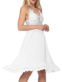 Anna-Kaci Women's Floral Lace Crochet Adjustable Strap Halter Ruffle Hem Cami Dress