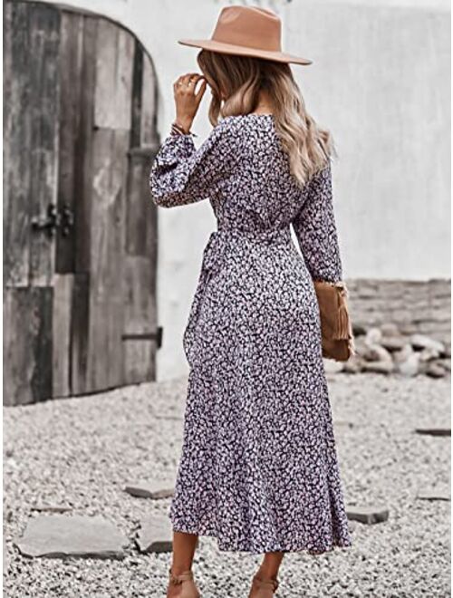 Anna Kaci Anna-Kaci Women's V-Neck Vintage Wrap Dress Long Sleeve Floral Print High Split Maxi Dresses with Belt