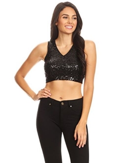 Anna-Kaci Womens Sparkle Stripe Front Sequin Slim Fit Cropped Vest Tank Tops
