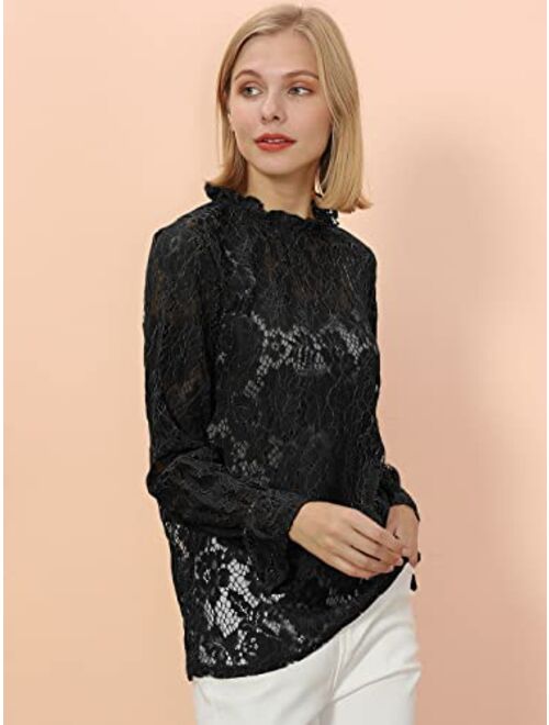 Anna Kaci Anna-Kaci Women's Long Bell Sleeve Sheer Floral Lace Blouse Tops