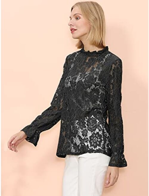 Anna Kaci Anna-Kaci Women's Long Bell Sleeve Sheer Floral Lace Blouse Tops