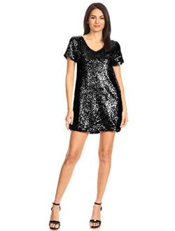 Anna-Kaci Women's Short Sleeve V-Neck Sequin Shift T-Shirt Mini Dress