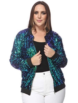 Anna-Kaci Women's Plus Size Sparkly Jacket Long Sleeve Zip Up Sequin Bomber Jacket Coat