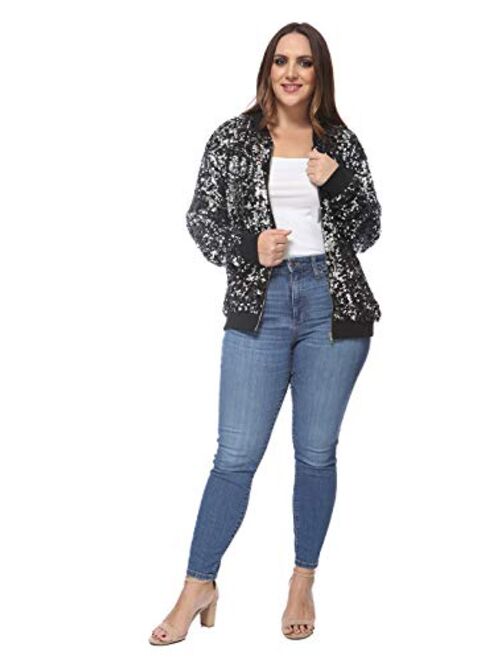 Anna Kaci Anna-Kaci Women's Plus Size Sparkly Jacket Long Sleeve Zip Up Sequin Bomber Jacket Coat