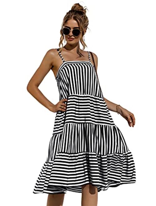 Anna Kaci Anna-Kaci Women's Striped Ruffle Dress Casual Loose Spaghetti Strap Sleeveless Swing Summer Dresses